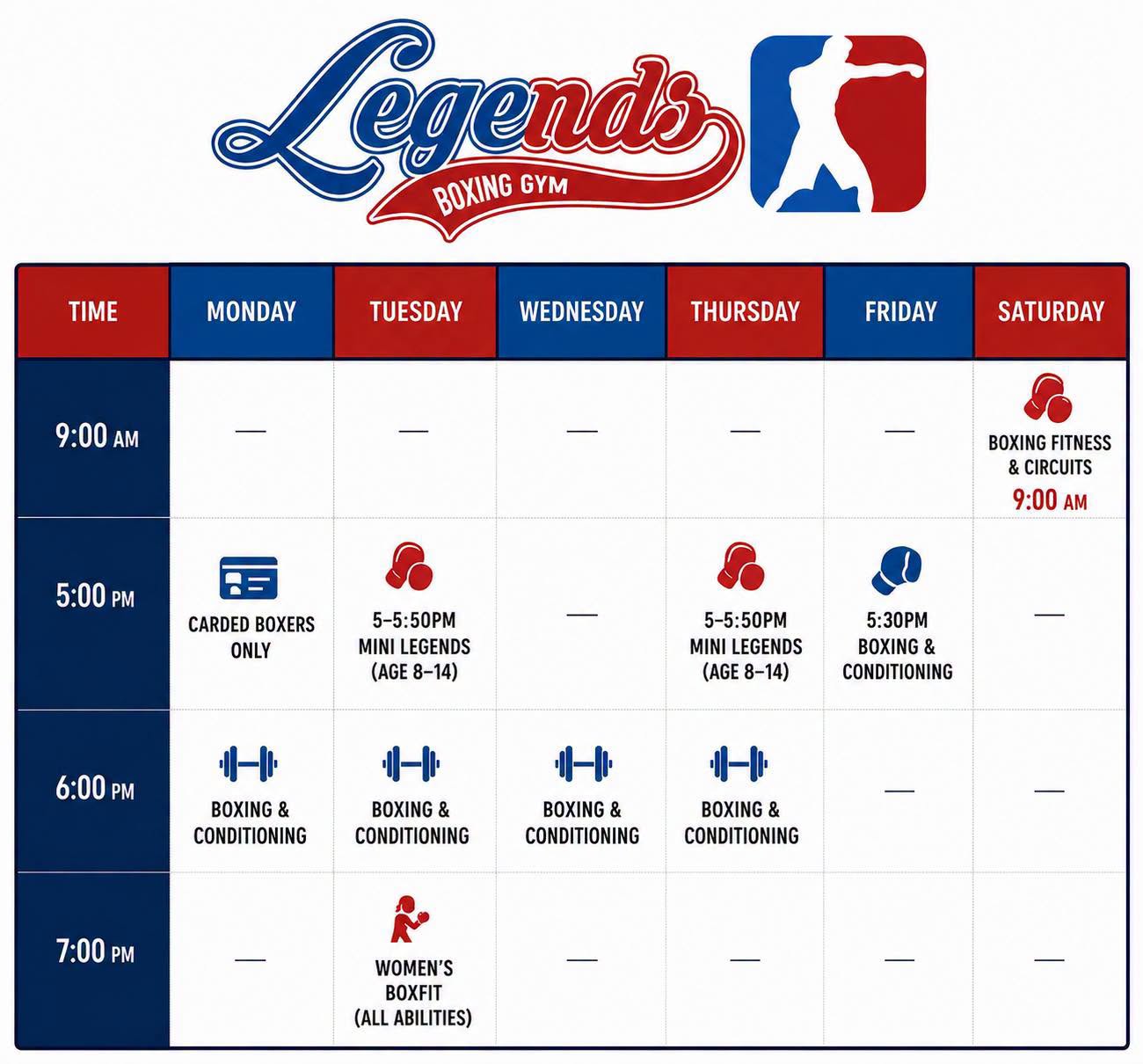 Legends Boxing Gym weekly class timetable